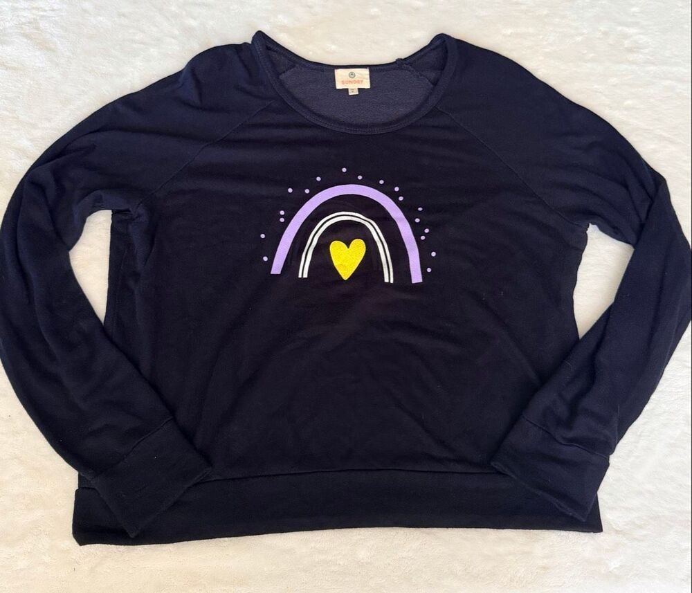 Sundry Rainbow Heart Graphic Pullover Sweatshirt Size 0 XS Navy Made in USA